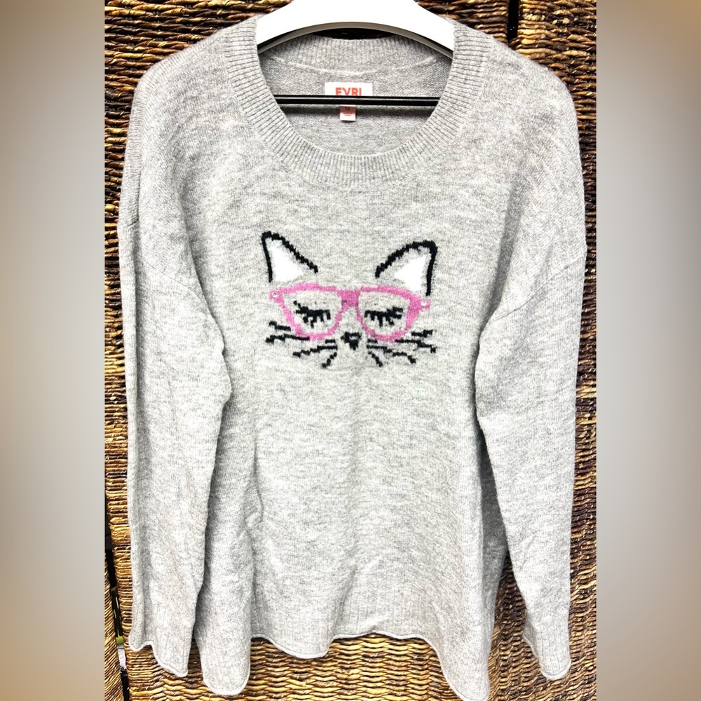 EVRI‎ Gray Sweater, Metallic thread with cat design, Size:1X